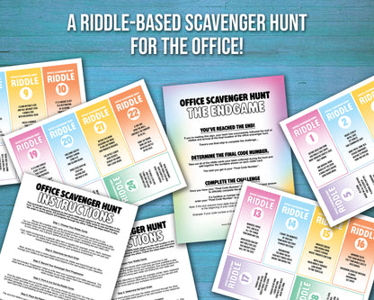 Office Scavenger Hunt printable team building activity with riddle cards, facilitator instructions, progression planning sheet, and answer key in a downloadable PDF file format. Play as a group team building game or icebreaker activity in the workplace.