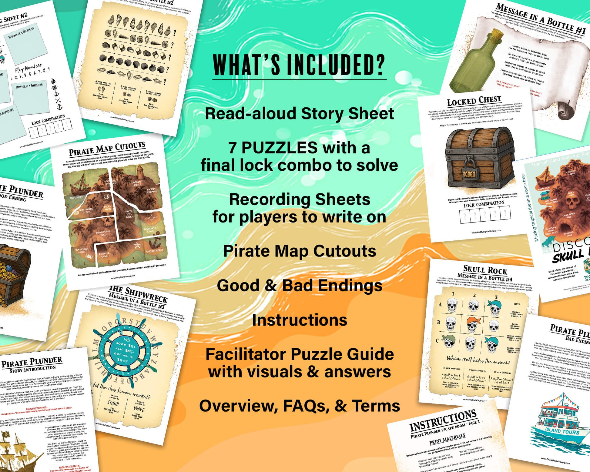 A printable group escape room game called Pirate Plunder. This tropical island themed team building activity involves 7 puzzles with a final lock combination that must be solved in order to unlock the pirate treasure.