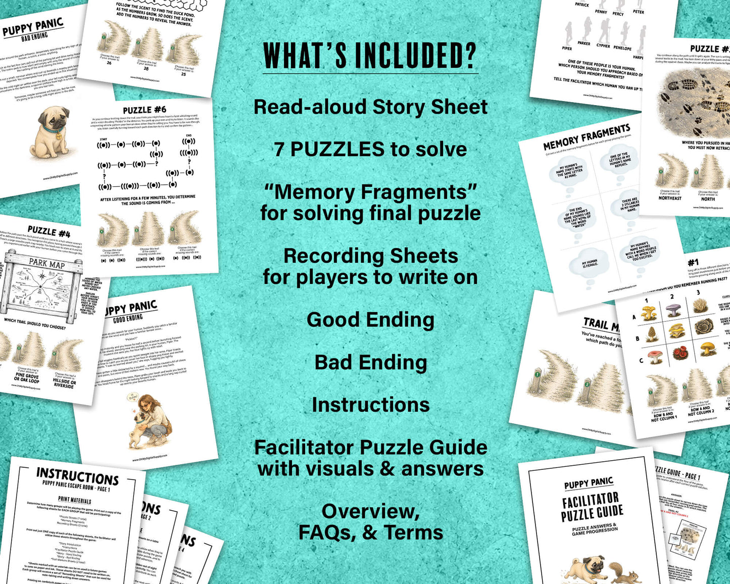 Puppy Panic is a printable Escape Room puzzle game for small groups! Great as a team building activity or icebreaker game. Players must solve 7 puzzles within a 30 minute time limit. This pug themed game includes an intro story as well as good and bad story endings.