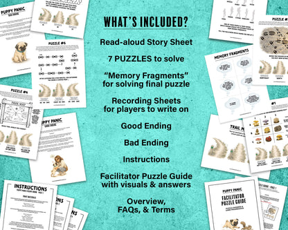 Puppy Panic is a printable Escape Room puzzle game for small groups! Great as a team building activity or icebreaker game. Players must solve 7 puzzles within a 30 minute time limit. This pug themed game includes an intro story as well as good and bad story endings.