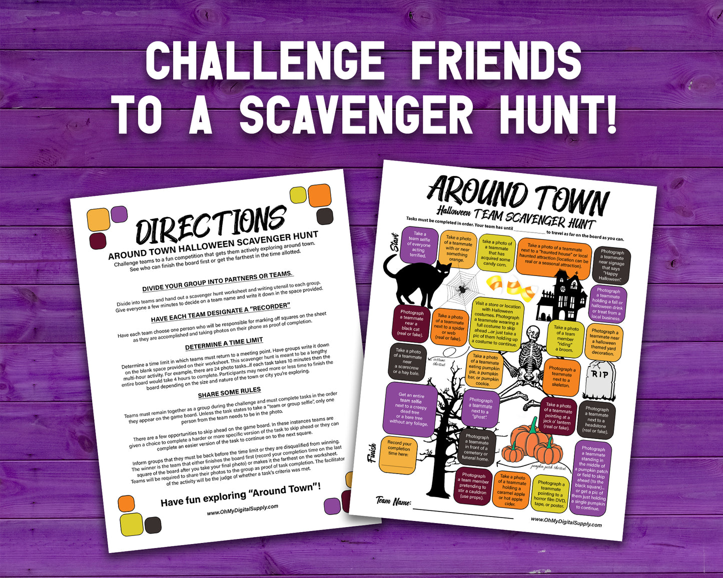 A printable team scavenger hunt activity called Around Town Halloween Team Scavenger Hunt. The worksheet looks like a game board where each square has a task you need to complete in order to advance. All tasks are Halloween themed.