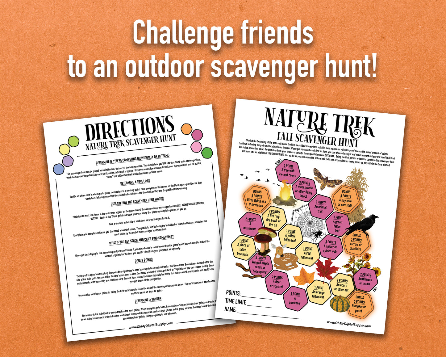 A printable nature trek outdoor fall scavenger hunt competitive team building activity. The worksheet looks like a game board where each spot on the board has an item you need to find to earn points and advance along the path.