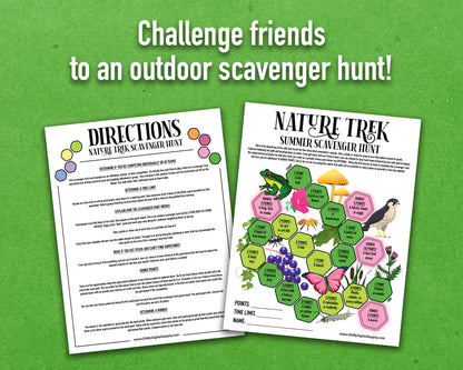 A printable nature trek outdoor summer scavenger hunt competitive team building activity. The worksheet looks like a game board where each spot on the board has an item you need to find to earn points and advance along the path.