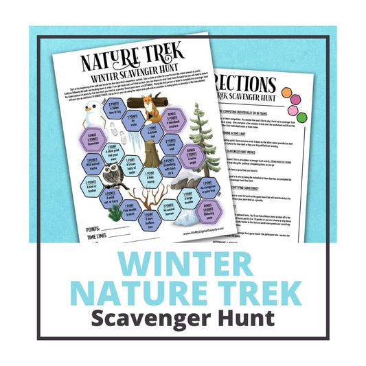 A printable nature trek outdoor winter scavenger hunt competitive team building activity. The worksheet looks like a game board where each spot on the board has an item you need to find to earn points and advance along the path.