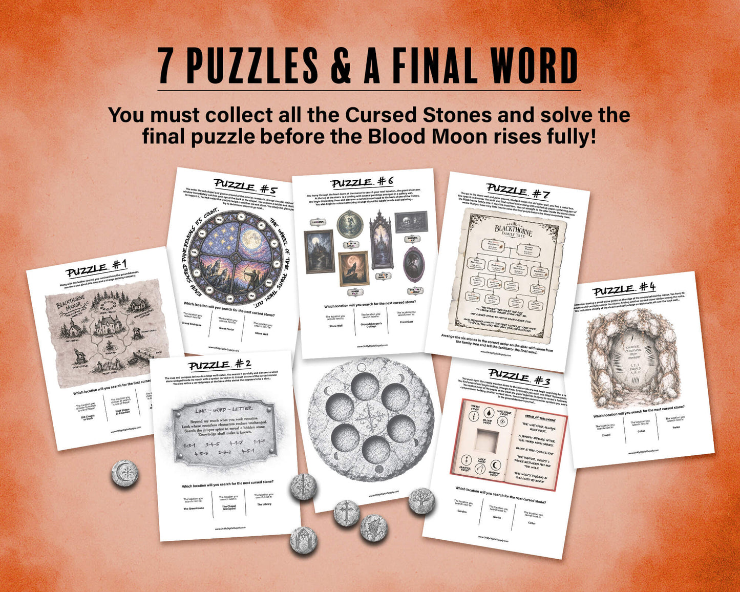 A printable Halloween escape room game called Blood Moon Rising with various puzzle sheets, story sheets, instructions, and facilitator guide all in printable PDF format. A 30 minute group activity for team-building or use as an icebreaker game.