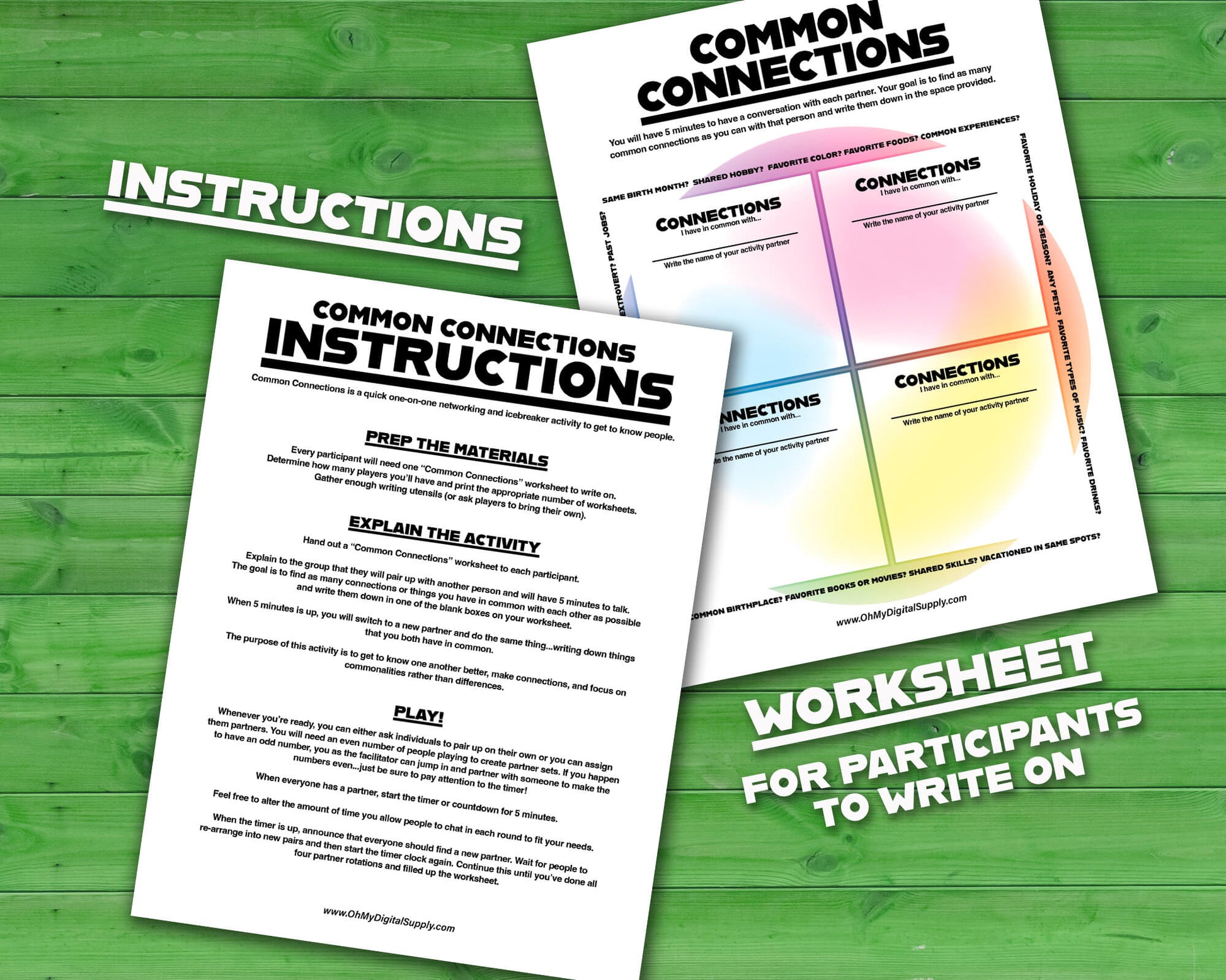 Common Connections one-on-one icebreaker activity and team-building game printable worksheet and instructions.