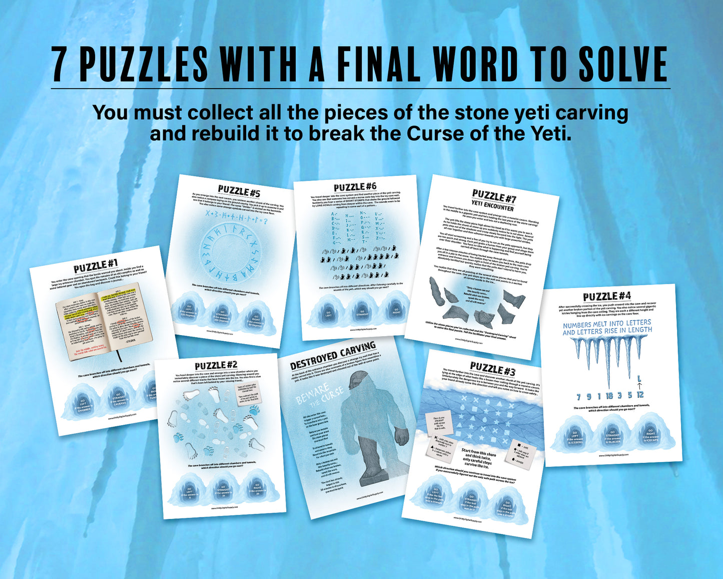 Escape Room: Curse of the Yeti, a printable team building game and icebreaker activity comprised of puzzle sheets in a printable PDF file format.