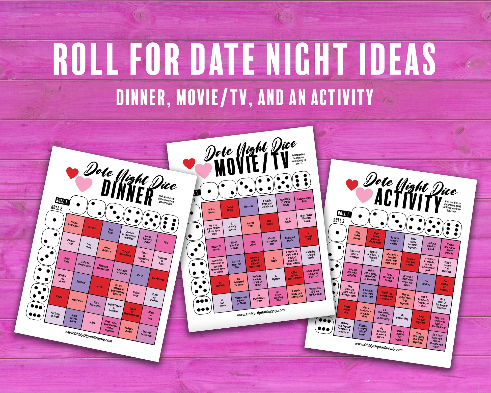 Date Night Dice printable activity where you roll a 3D paper dice to choose dinner, a movie, and an activity for date night.