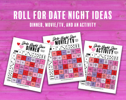 Date Night Dice printable activity where you roll a 3D paper dice to choose dinner, a movie, and an activity for date night.