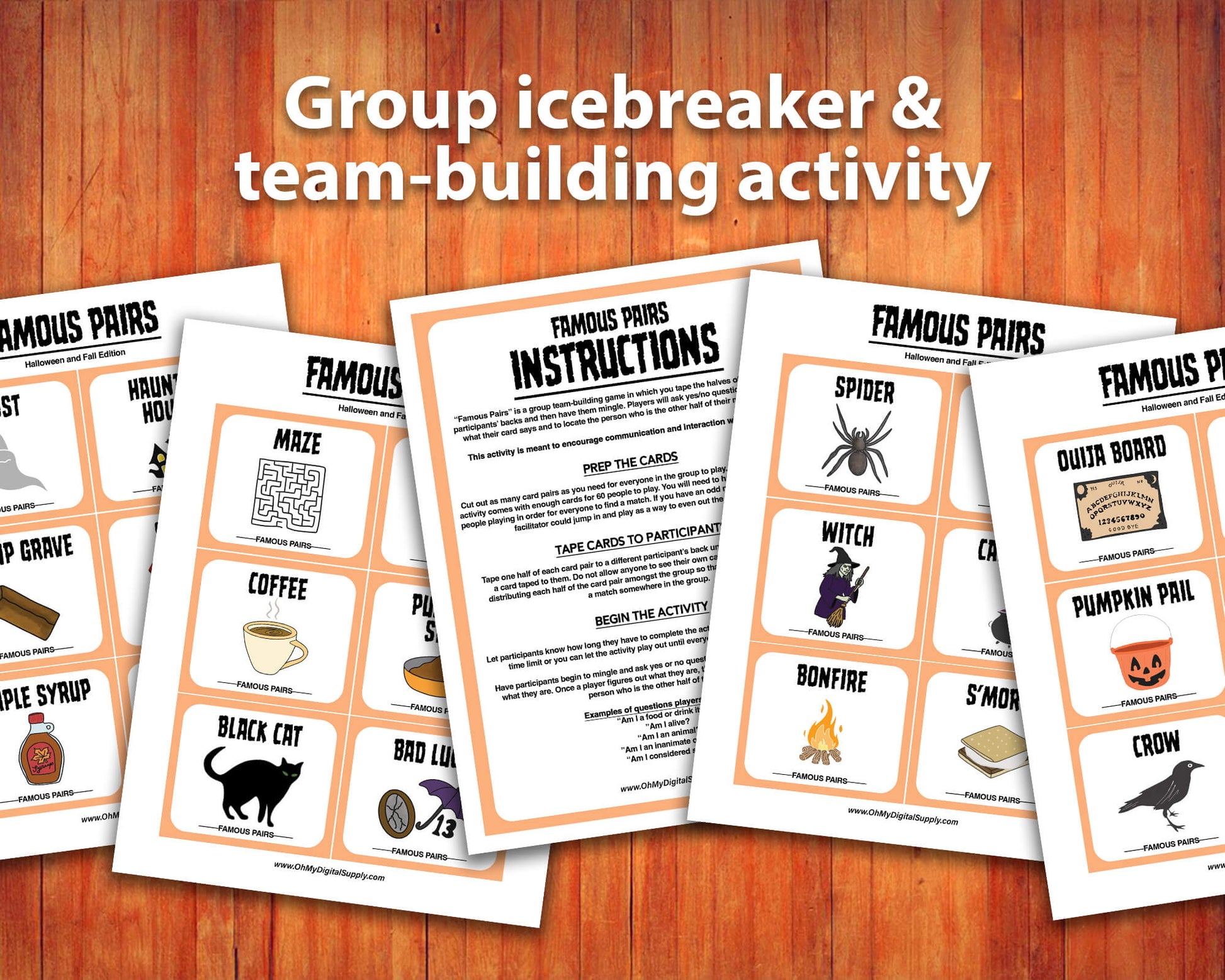 Famous Pairs Halloween & Fall group team building game and icebreaker activity. A digital PDF download containing instructions to play the game and Famous Pairs cards.