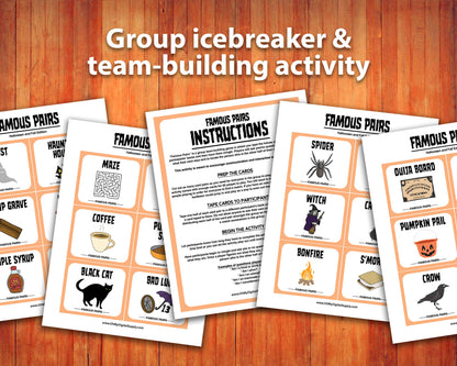 Famous Pairs Halloween & Fall group team building game and icebreaker activity. A digital PDF download containing instructions to play the game and Famous Pairs cards.