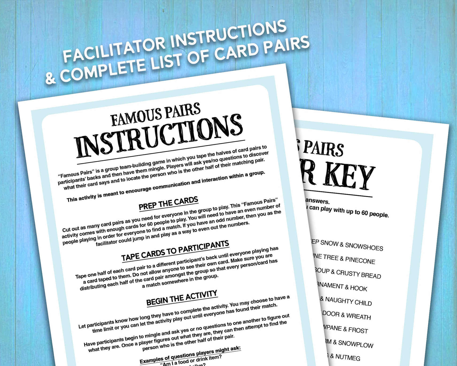 Famous Pairs Christmas & Winter group team building game and icebreaker activity. A digital PDF download containing instructions to play the game and Famous Pairs cards.