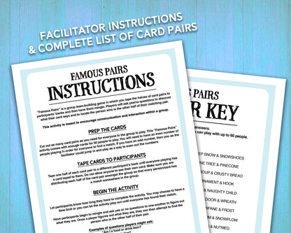 Famous Pairs Christmas & Winter group team building game and icebreaker activity. A digital PDF download containing instructions to play the game and Famous Pairs cards.