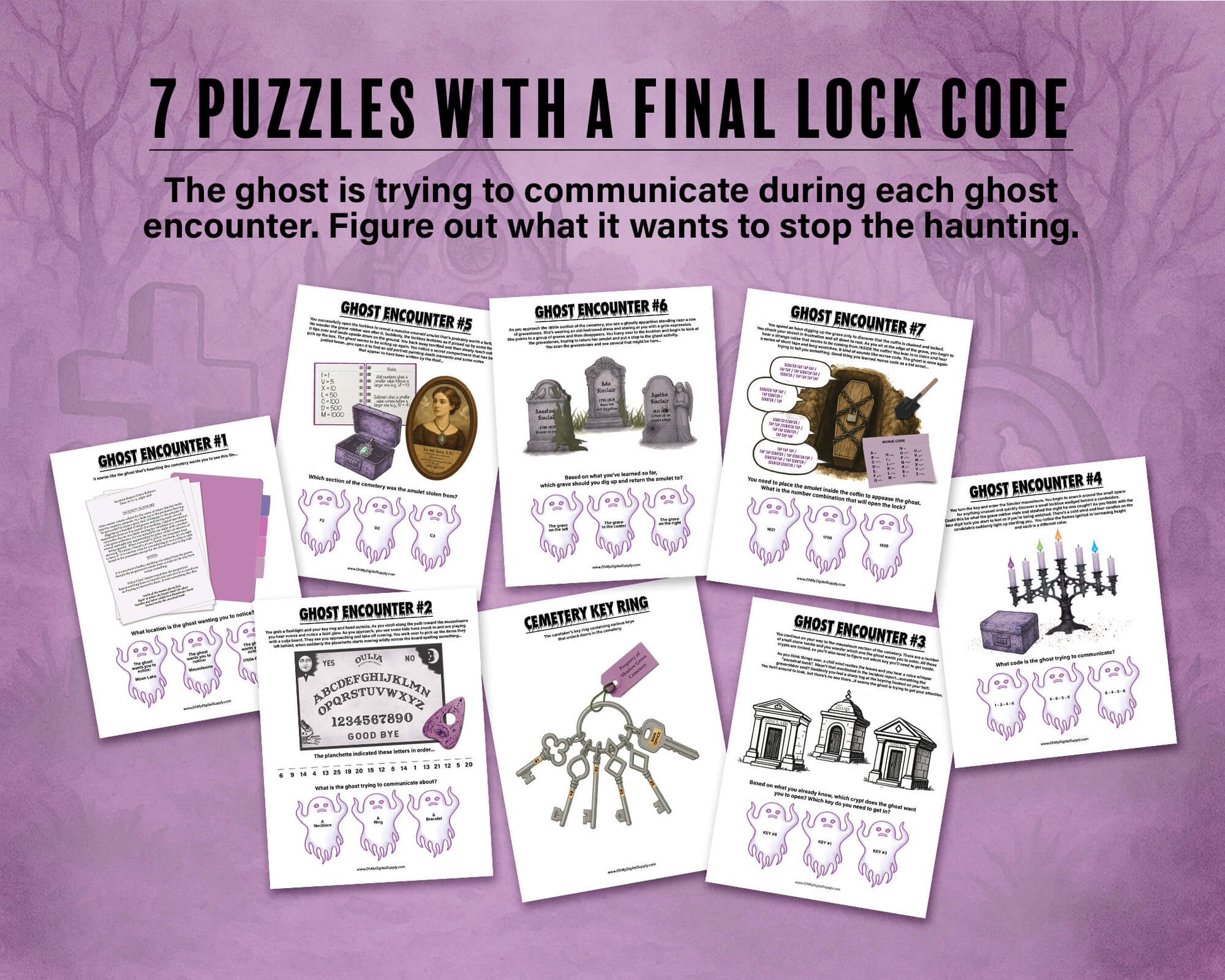 A printable Halloween escape room game called Ghost in the Graveyard with various puzzle sheets, story sheets, cemetery map, instructions, and facilitator guide all in printable PDF format. A 30 minute group activity for team-building or use as an icebreaker game.