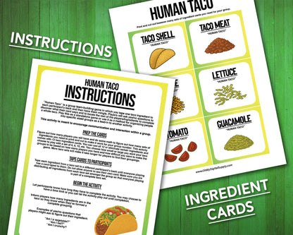 A printable team-building activity and group icebreaker game called Human Taco that includes an instructions sheet and taco ingredient cards that can be cut out. The printable sheets are downloadable PDF files.