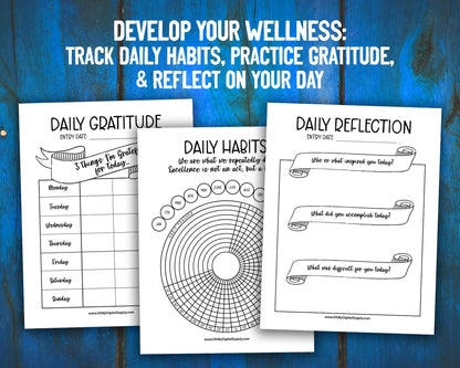 Habit Tracker, Daily Gratitude Chart, and Reflection Prompts Printables for Wellness Journaling