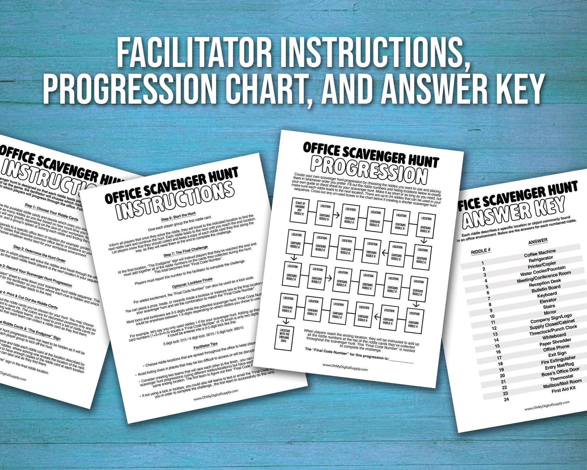 Office Scavenger Hunt printable team building activity with riddle cards, facilitator instructions, progression planning sheet, and answer key in a downloadable PDF file format. Play as a group team building game or icebreaker activity in the workplace.