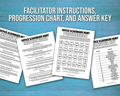 Office Scavenger Hunt printable team building activity with riddle cards, facilitator instructions, progression planning sheet, and answer key in a downloadable PDF file format. Play as a group team building game or icebreaker activity in the workplace.