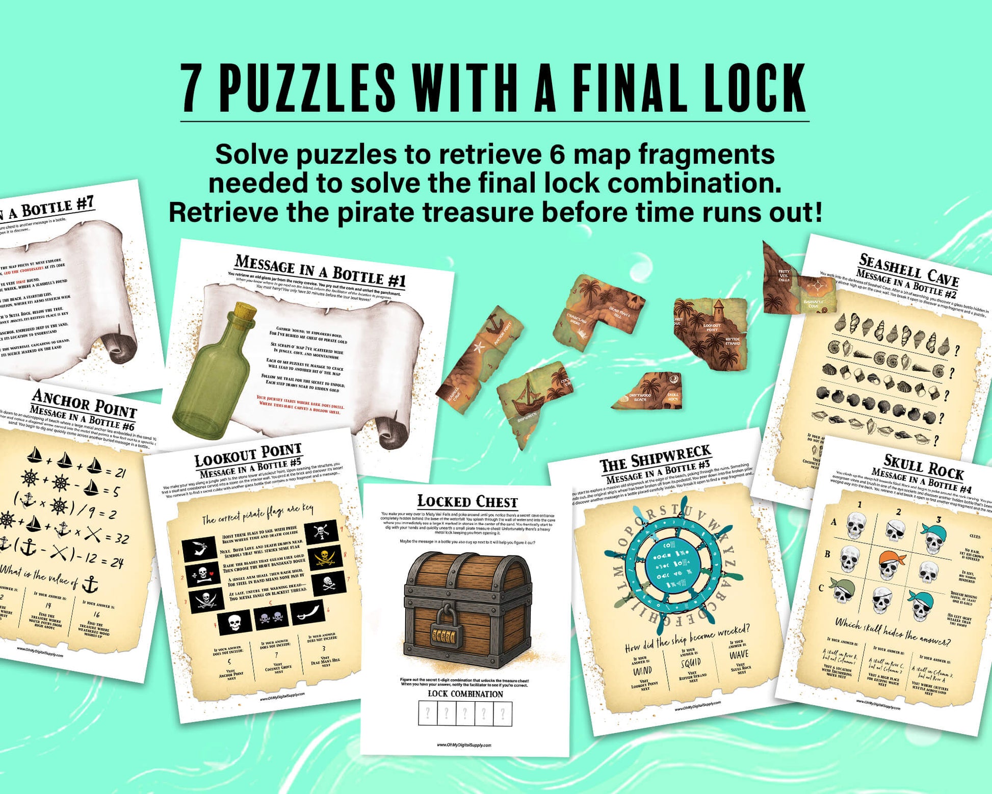 A printable group escape room game called Pirate Plunder. This tropical island themed team building activity involves 7 puzzles with a final lock combination that must be solved in order to unlock the pirate treasure.