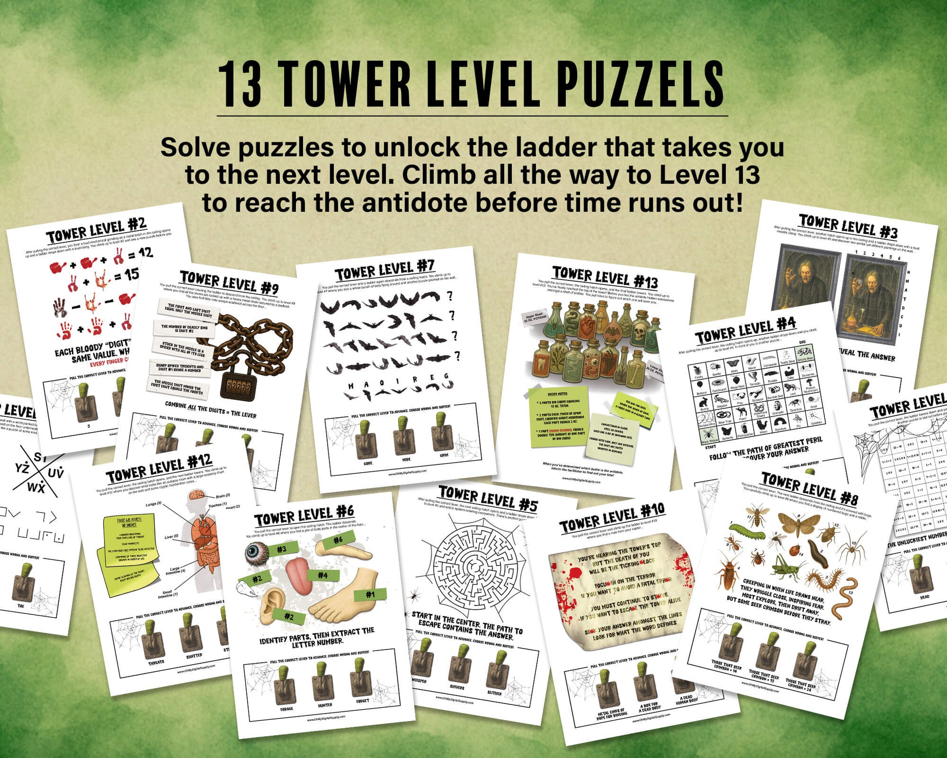 A printable Halloween horror Escape Room game called Tower of Terror for group team-building or playing as an icebreaker game. Various printable PDF sheets with puzzles, props, read-aloud story sheets, and facilitator instructions and guide.