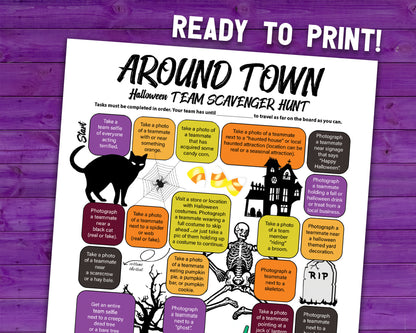 A printable team scavenger hunt activity called Around Town Halloween Team Scavenger Hunt. The worksheet looks like a game board where each square has a task you need to complete in order to advance. All tasks are Halloween themed.