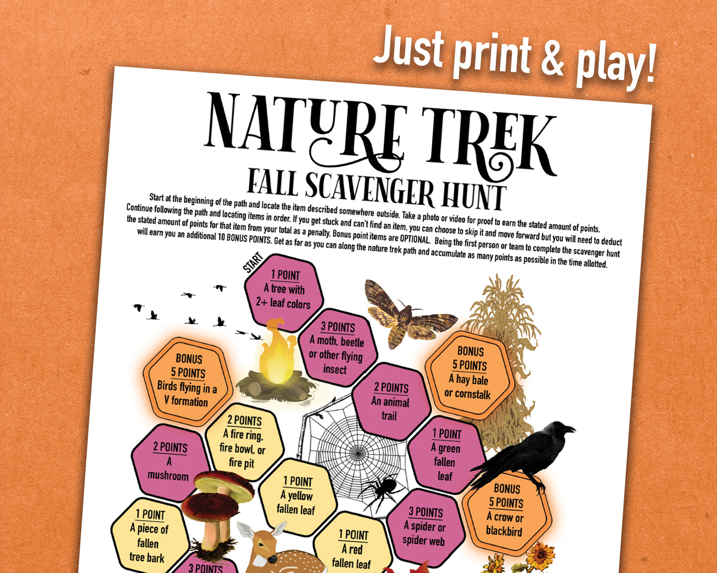 A printable nature trek outdoor fall scavenger hunt competitive team building activity. The worksheet looks like a game board where each spot on the board has an item you need to find to earn points and advance along the path.