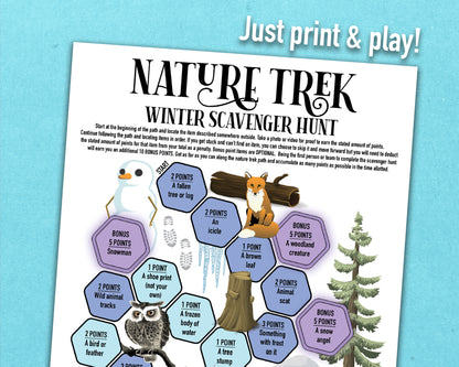 A printable nature trek outdoor winter scavenger hunt competitive team building activity. The worksheet looks like a game board where each spot on the board has an item you need to find to earn points and advance along the path.