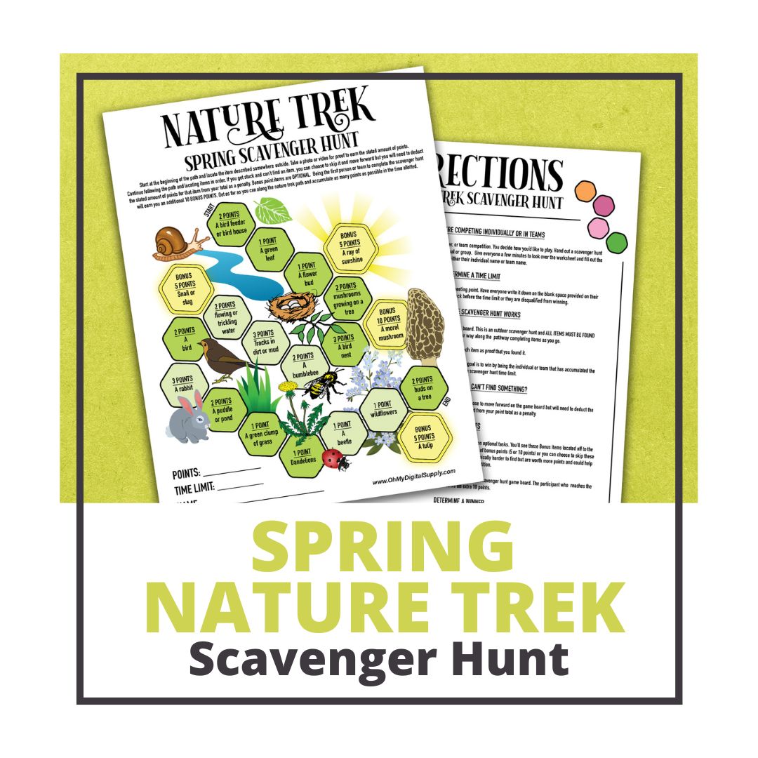 A printable nature trek outdoor spring scavenger hunt competitive team building activity. The worksheet looks like a game board where each spot on the board has an item you need to find to earn points and advance along the path.