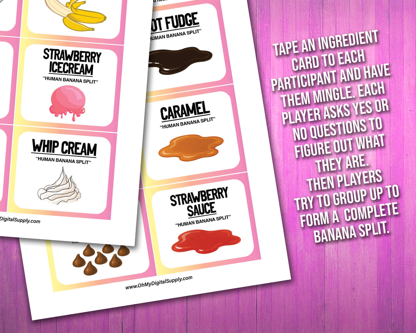 A printable team-building activity and group icebreaker game called Human Banana Split that includes an instructions sheet and banana split ingredient cards that can be cut out. The printable sheets are downloadable PDF files.