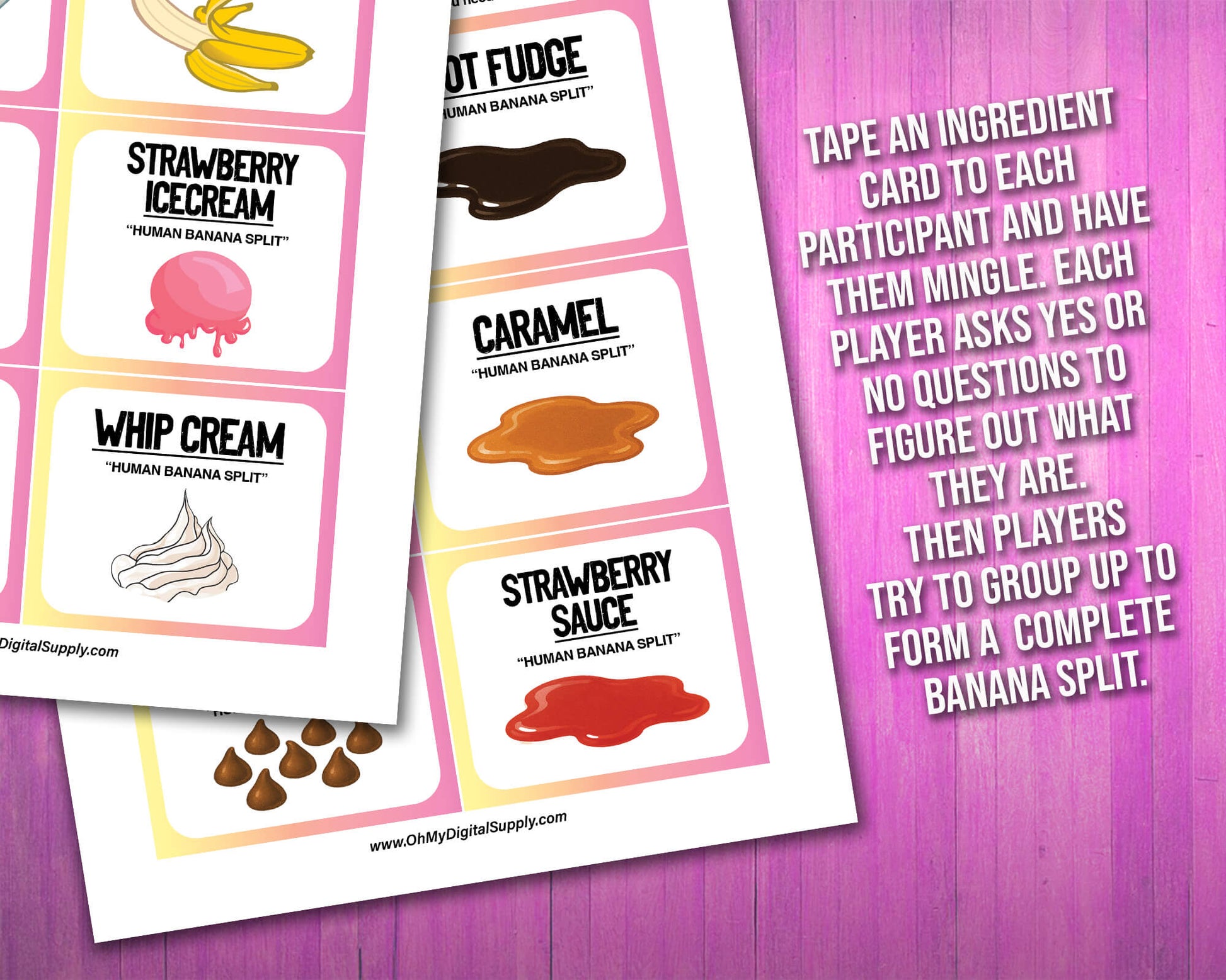 A printable team-building activity and group icebreaker game called Human Banana Split that includes an instructions sheet and banana split ingredient cards that can be cut out. The printable sheets are downloadable PDF files.