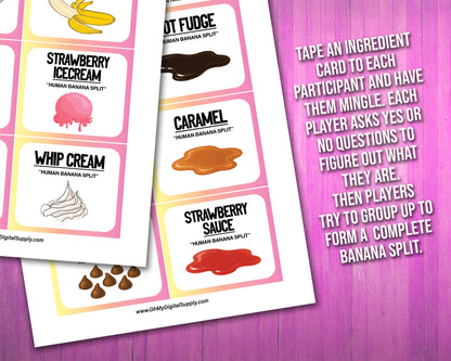 A printable team-building activity and group icebreaker game called Human Banana Split that includes an instructions sheet and banana split ingredient cards that can be cut out. The printable sheets are downloadable PDF files.