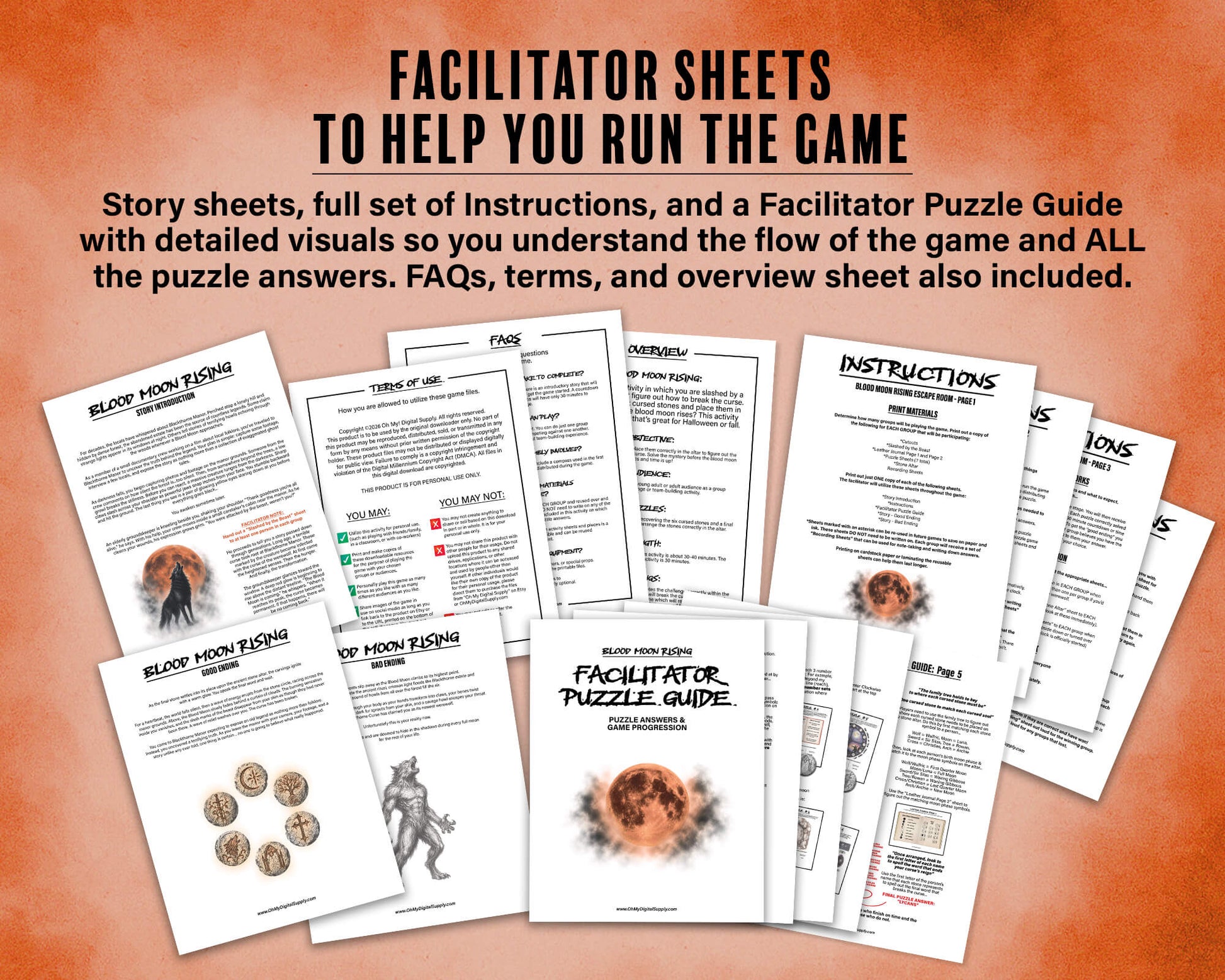 A printable Halloween escape room game called Blood Moon Rising with various puzzle sheets, story sheets, instructions, and facilitator guide all in printable PDF format. A 30 minute group activity for team-building or use as an icebreaker game.