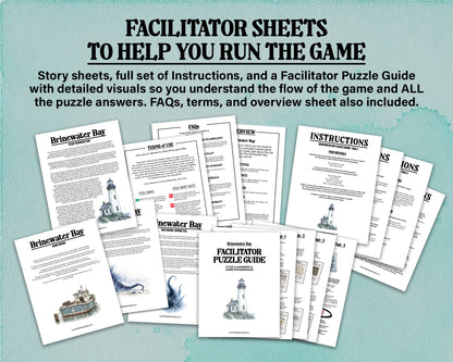 A printable escape room puzzle game called Brinewater Bay with various puzzle sheets, story sheets, instructions, and facilitator guide all in printable PDF format. A 30 minute group activity for team-building or use as an icebreaker game.