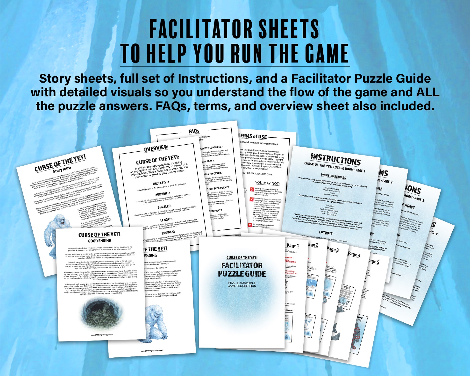 Escape Room: Curse of the Yeti, a printable team building game and icebreaker activity comprised of puzzle sheets in a printable PDF file format.