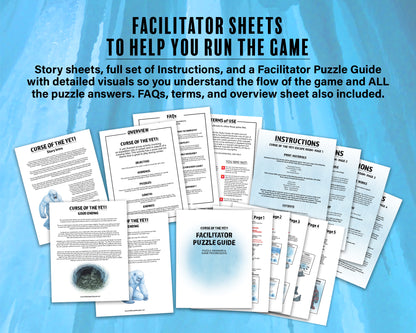 Escape Room: Curse of the Yeti, a printable team building game and icebreaker activity comprised of puzzle sheets in a printable PDF file format.