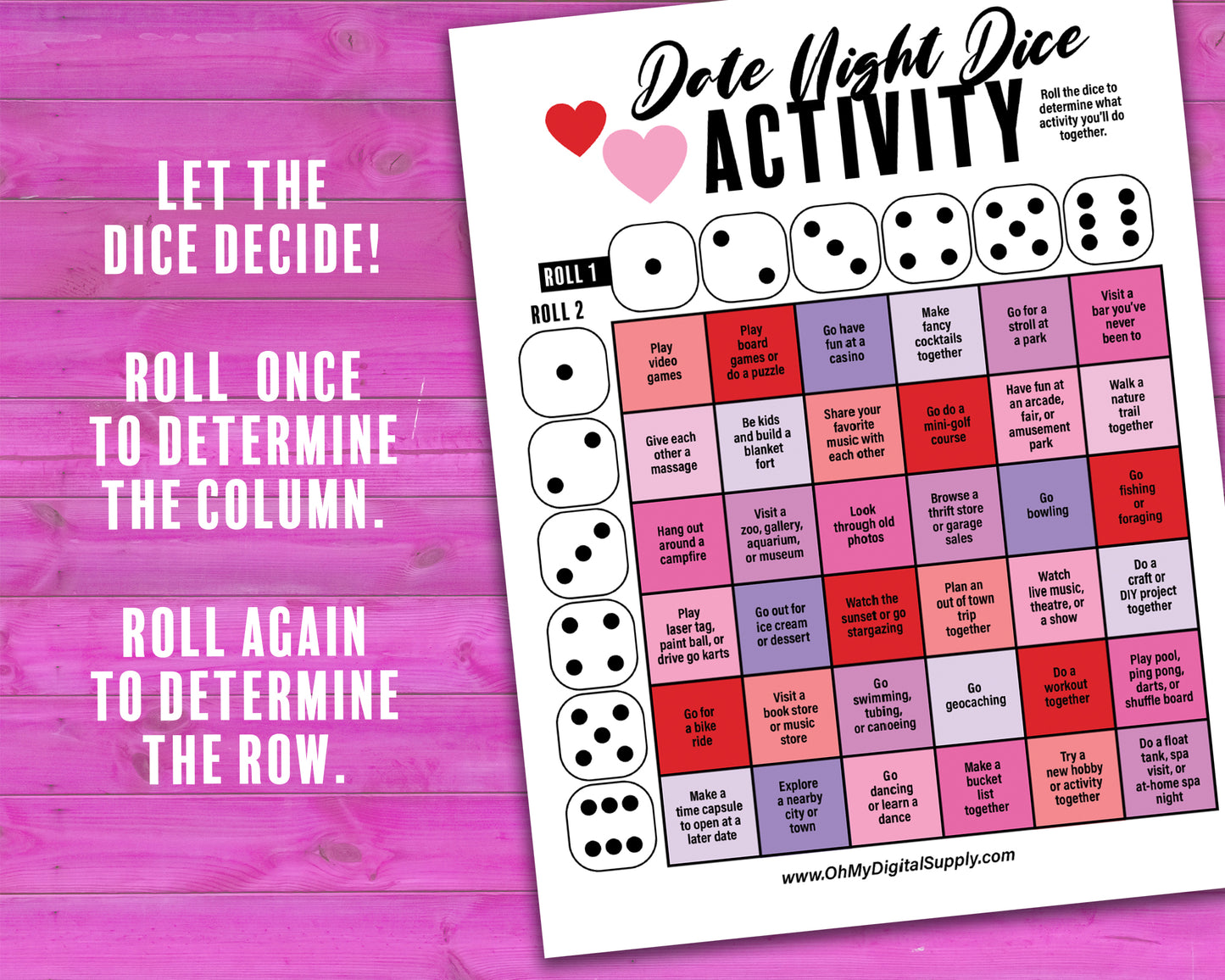 Date Night Dice printable activity where you roll a 3D paper dice to choose dinner, a movie, and an activity for date night.