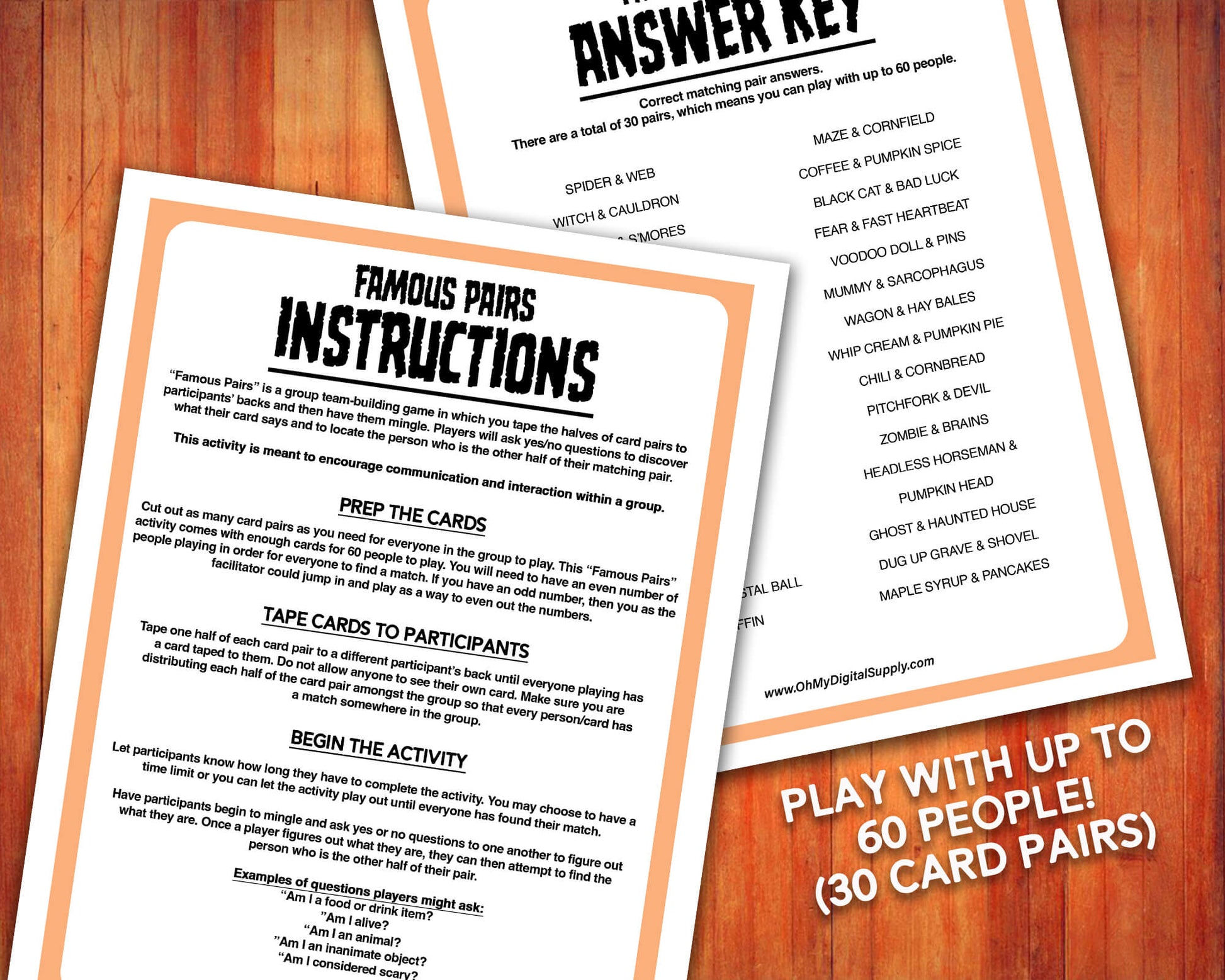 Famous Pairs Halloween & Fall group team building game and icebreaker activity. A digital PDF download containing instructions to play the game and Famous Pairs cards.