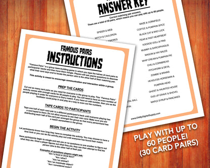 Famous Pairs Halloween & Fall group team building game and icebreaker activity. A digital PDF download containing instructions to play the game and Famous Pairs cards.