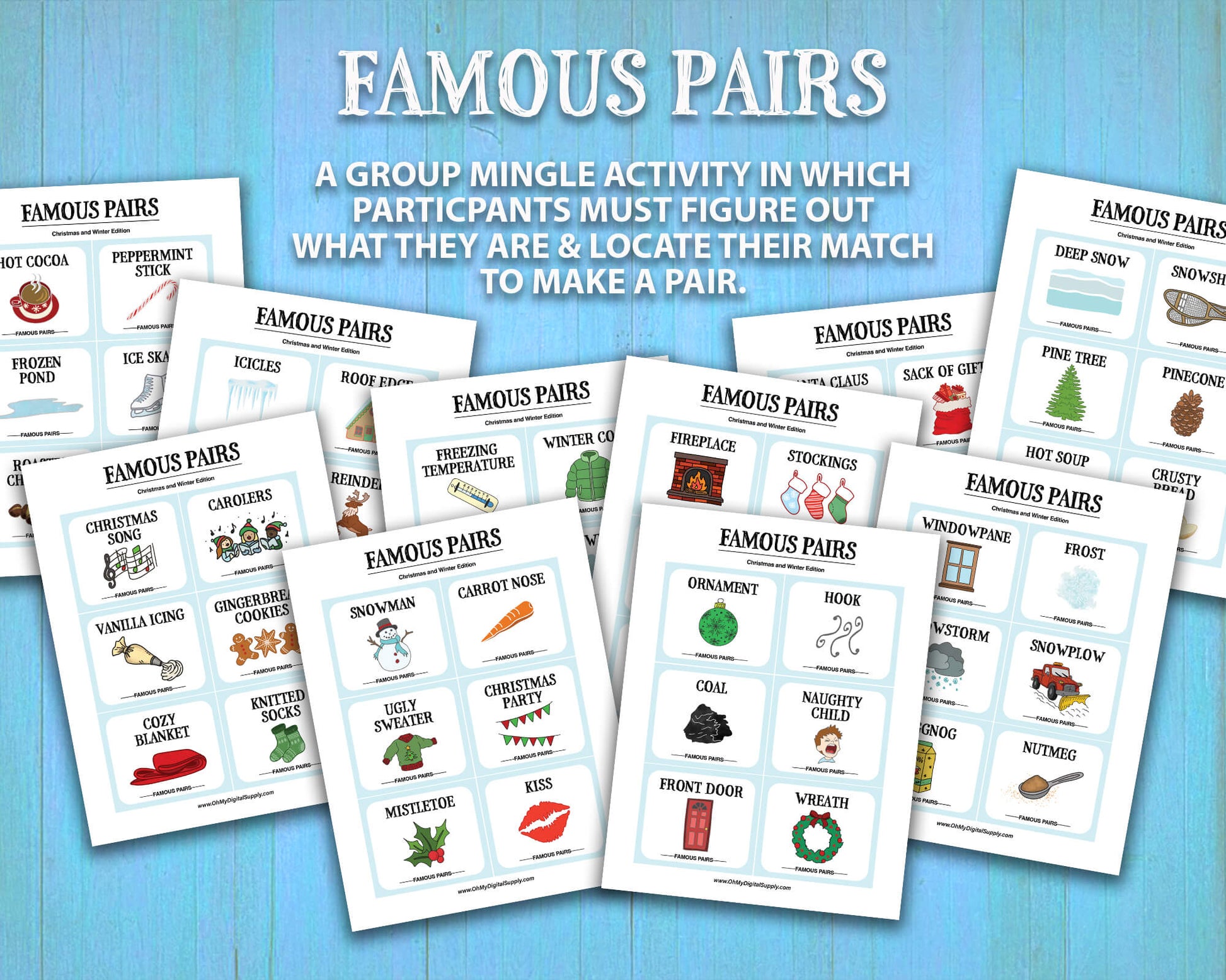 Famous Pairs Christmas & Winter group team building game and icebreaker activity. A digital PDF download containing instructions to play the game and Famous Pairs cards.