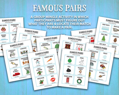 Famous Pairs Christmas & Winter group team building game and icebreaker activity. A digital PDF download containing instructions to play the game and Famous Pairs cards.