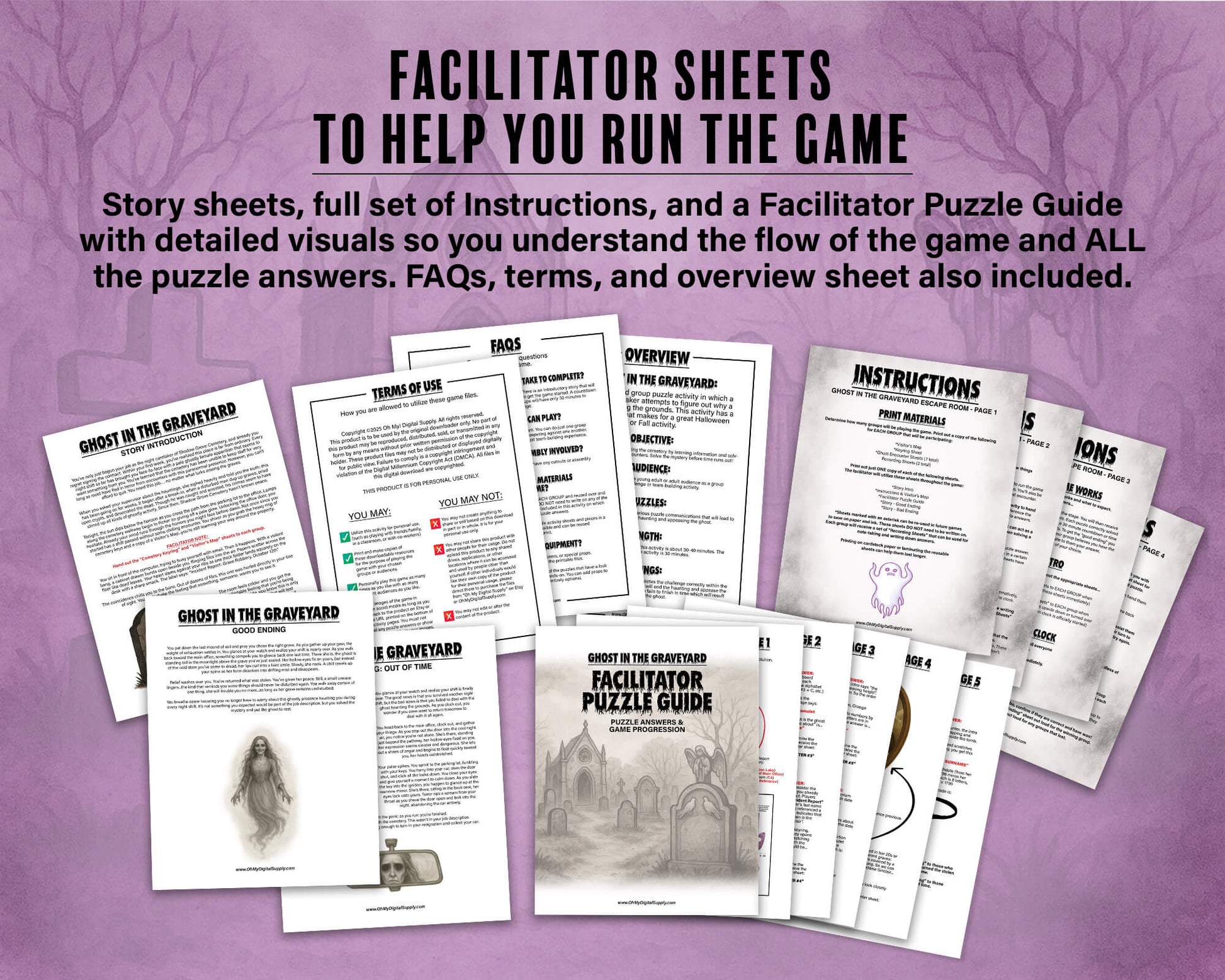 A printable Halloween escape room game called Ghost in the Graveyard with various puzzle sheets, story sheets, cemetery map, instructions, and facilitator guide all in printable PDF format. A 30 minute group activity for team-building or use as an icebreaker game.
