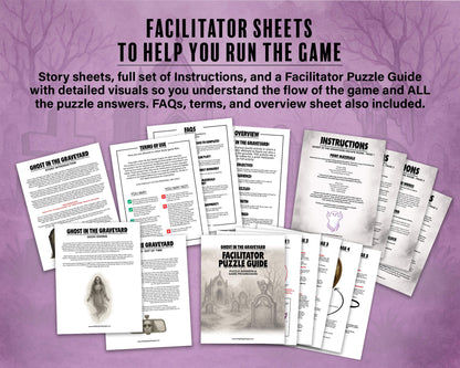 A printable Halloween escape room game called Ghost in the Graveyard with various puzzle sheets, story sheets, cemetery map, instructions, and facilitator guide all in printable PDF format. A 30 minute group activity for team-building or use as an icebreaker game.