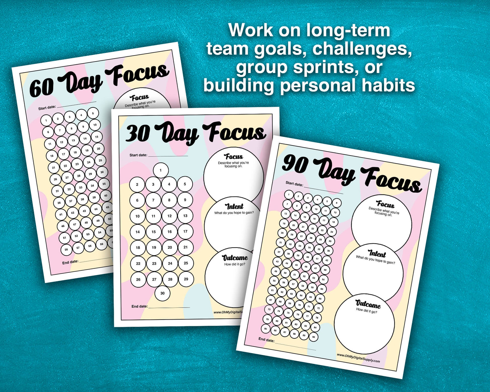 A 30, 60, and 90 Day Focus Worksheet for tracking daily goals, challenges, habits, and more. Each sheet has a space for writing down your focus, intent, and outcome. There are circles you can fill in or cross off each day to indicate you completed your daily focus goal.