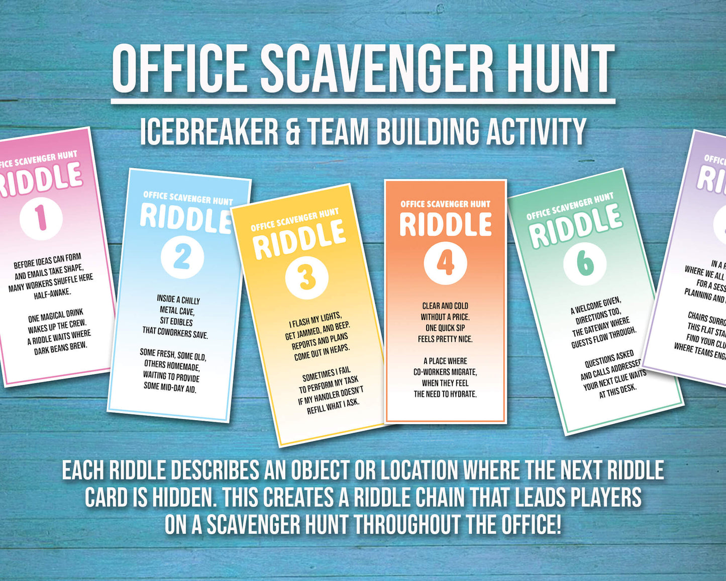 Office Scavenger Hunt printable team building activity with riddle cards, facilitator instructions, progression planning sheet, and answer key in a downloadable PDF file format. Play as a group team building game or icebreaker activity in the workplace.