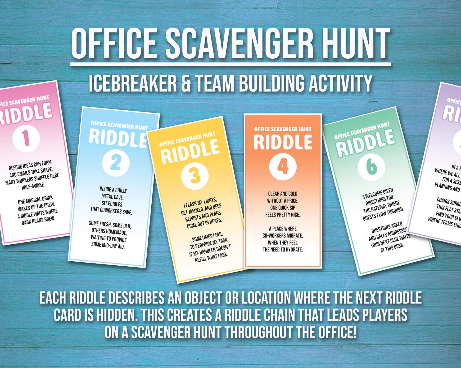 Office Scavenger Hunt printable team building activity with riddle cards, facilitator instructions, progression planning sheet, and answer key in a downloadable PDF file format. Play as a group team building game or icebreaker activity in the workplace.