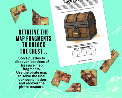 A printable group escape room game called Pirate Plunder. This tropical island themed team building activity involves 7 puzzles with a final lock combination that must be solved in order to unlock the pirate treasure.