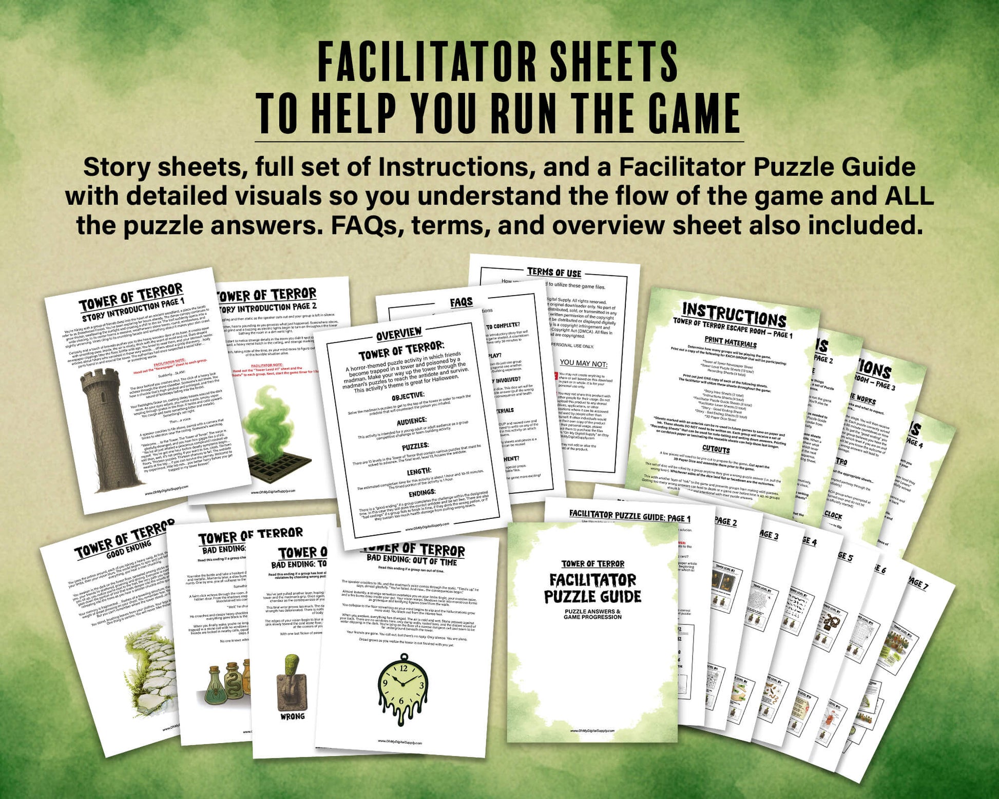 A printable Halloween horror Escape Room game called Tower of Terror for group team-building or playing as an icebreaker game. Various printable PDF sheets with puzzles, props, read-aloud story sheets, and facilitator instructions and guide.
