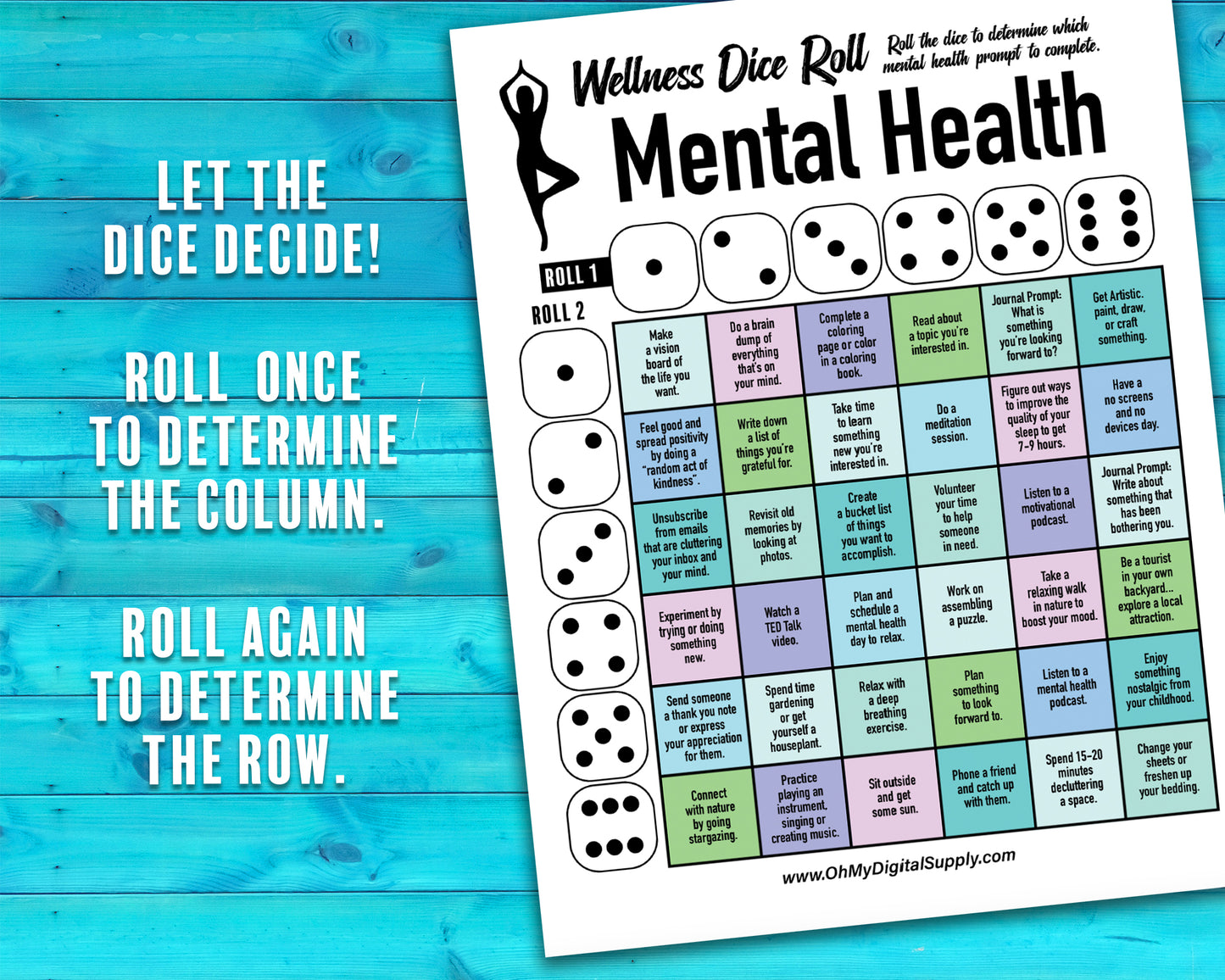 Wellness Dice Roll Printable Decision Game, Dice Roll Wellness Activity for Self Care and Physical and Mental Health