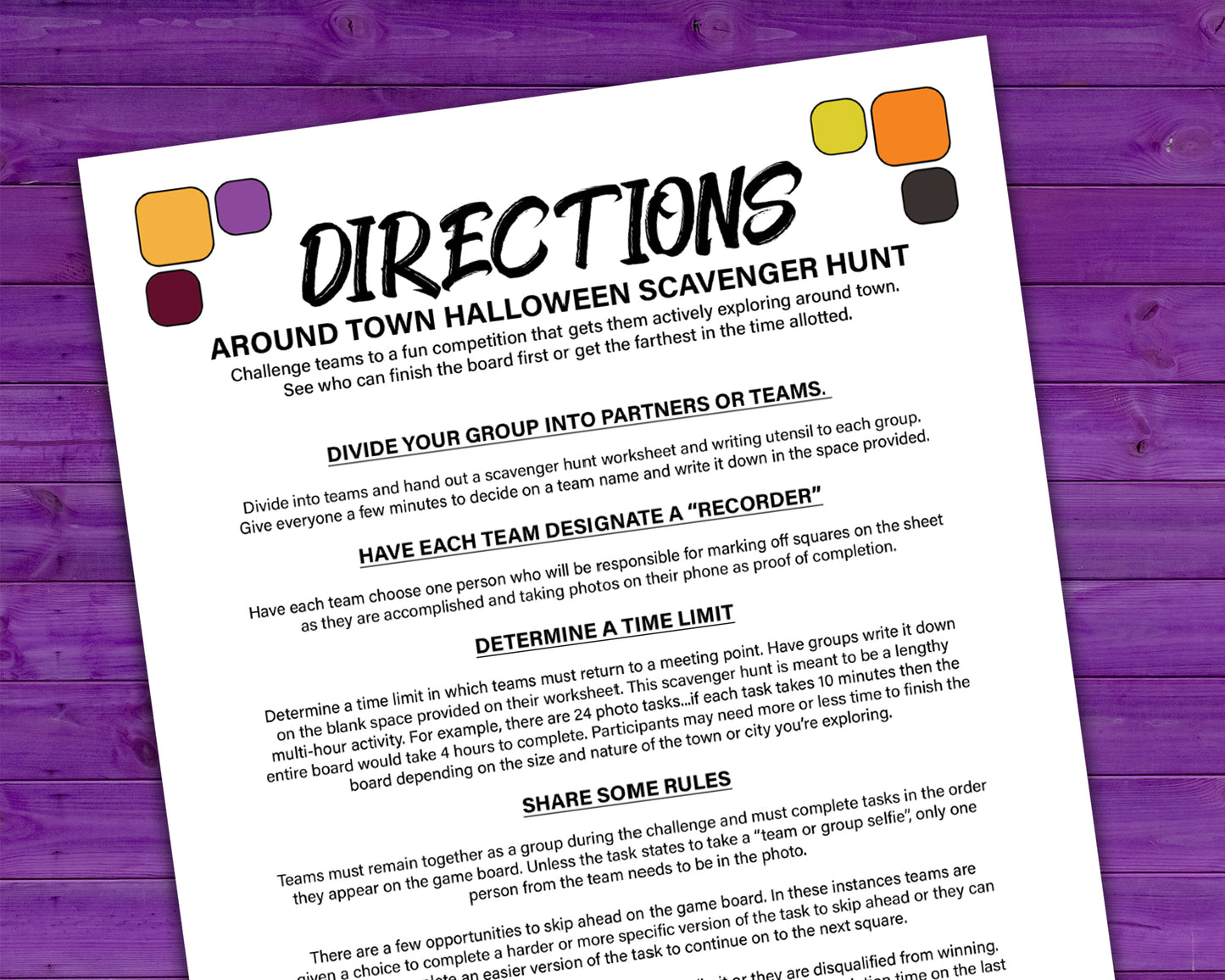 A printable team scavenger hunt activity called Around Town Halloween Team Scavenger Hunt. The worksheet looks like a game board where each square has a task you need to complete in order to advance. All tasks are Halloween themed.