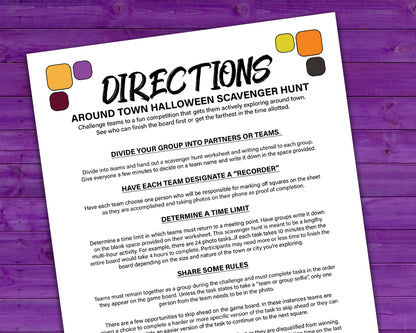 A printable team scavenger hunt activity called Around Town Halloween Team Scavenger Hunt. The worksheet looks like a game board where each square has a task you need to complete in order to advance. All tasks are Halloween themed.